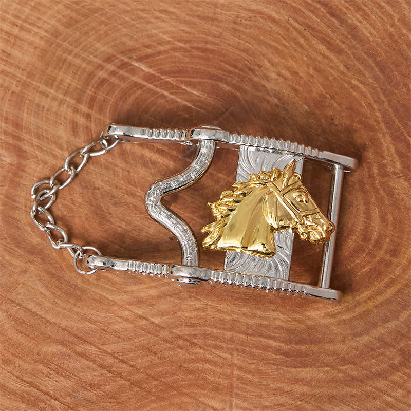 Hollow Out Gold & Silver Horse Head Buckle Leather Belt