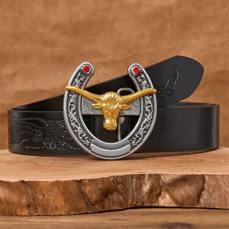 Gold Bull Head Western Horseshoe Shape Buckle Leather Belt