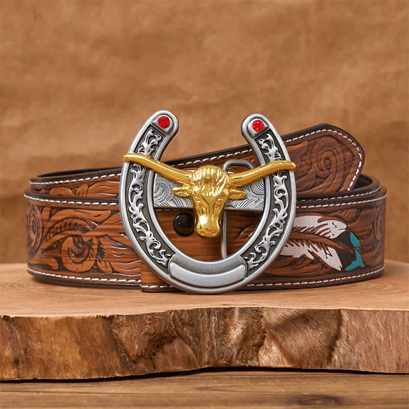 Gold Bull Head Western Horseshoe Shape Buckle Leather Belt