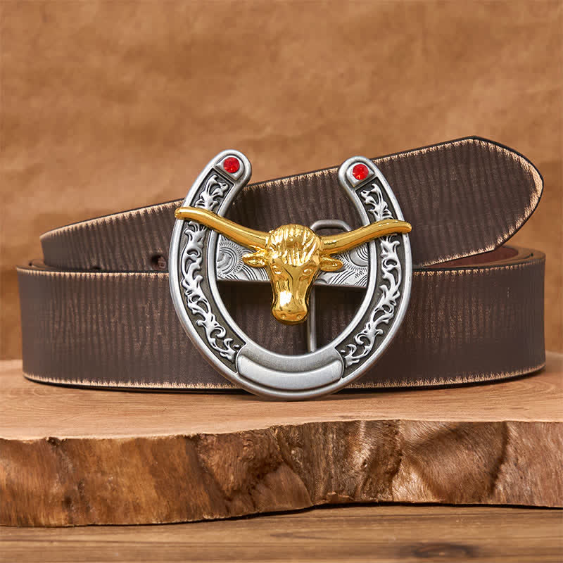 Gold Bull Head Western Horseshoe Shape Buckle Leather Belt