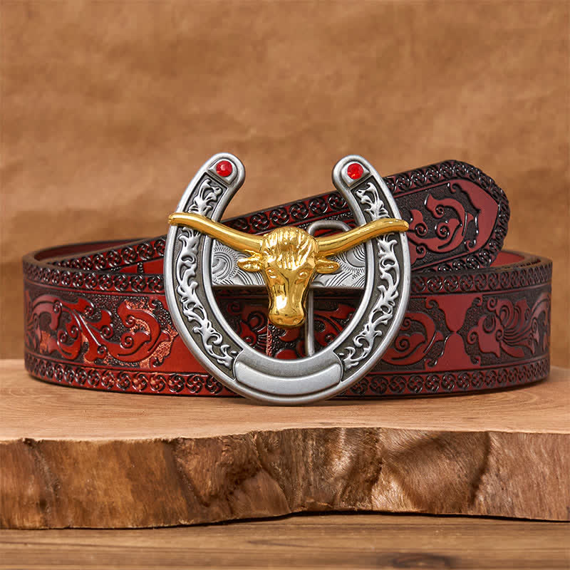 Gold Bull Head Western Horseshoe Shape Buckle Leather Belt