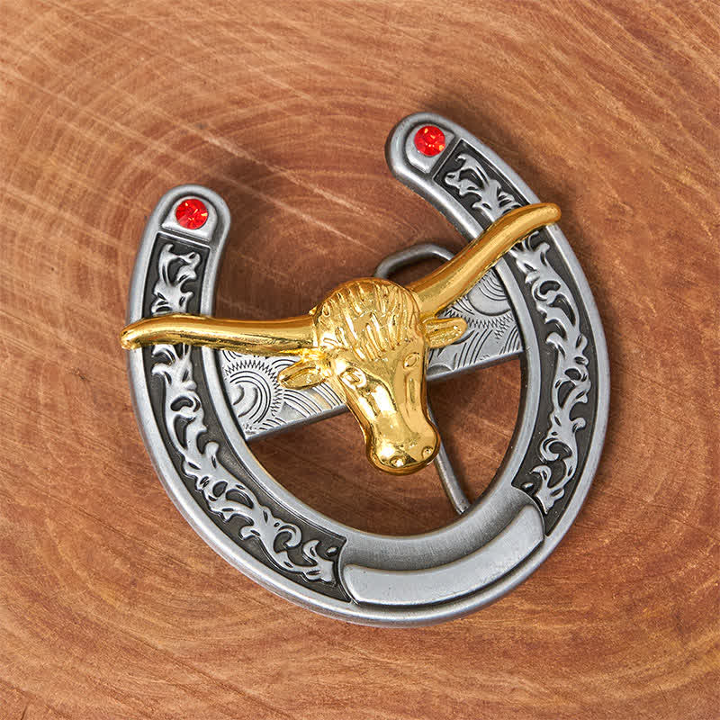 Gold Bull Head Western Horseshoe Shape Buckle Leather Belt