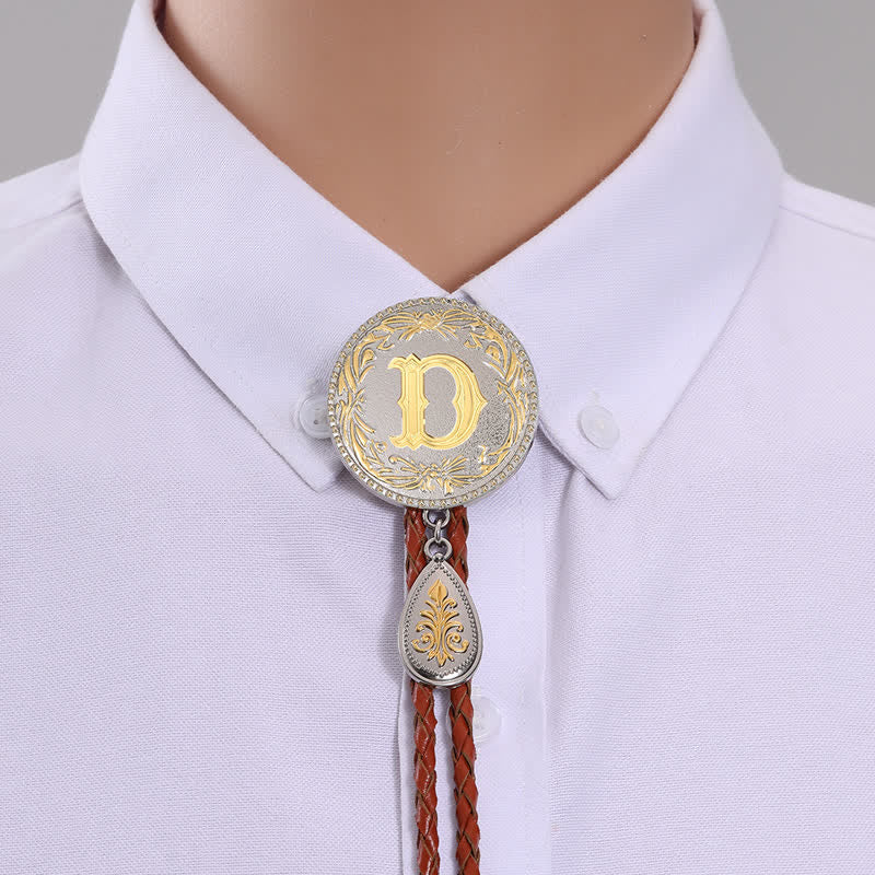 Initial Letter Brown Leather Bolo Tie With Teardrop-Shaped Pendant