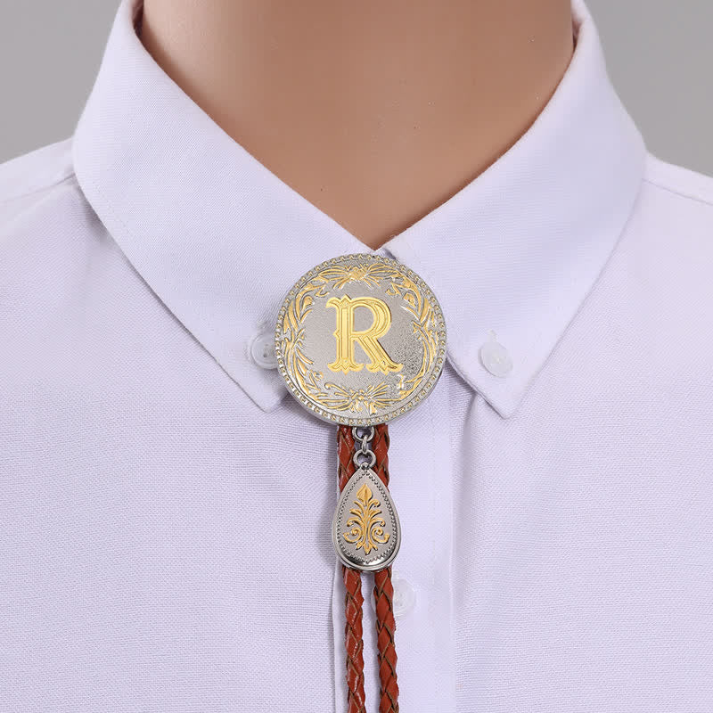 Initial Letter Brown Leather Bolo Tie With Teardrop-Shaped Pendant
