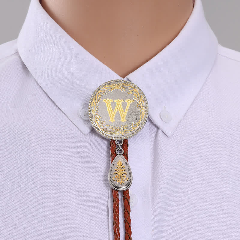 Initial Letter Brown Leather Bolo Tie With Teardrop-Shaped Pendant