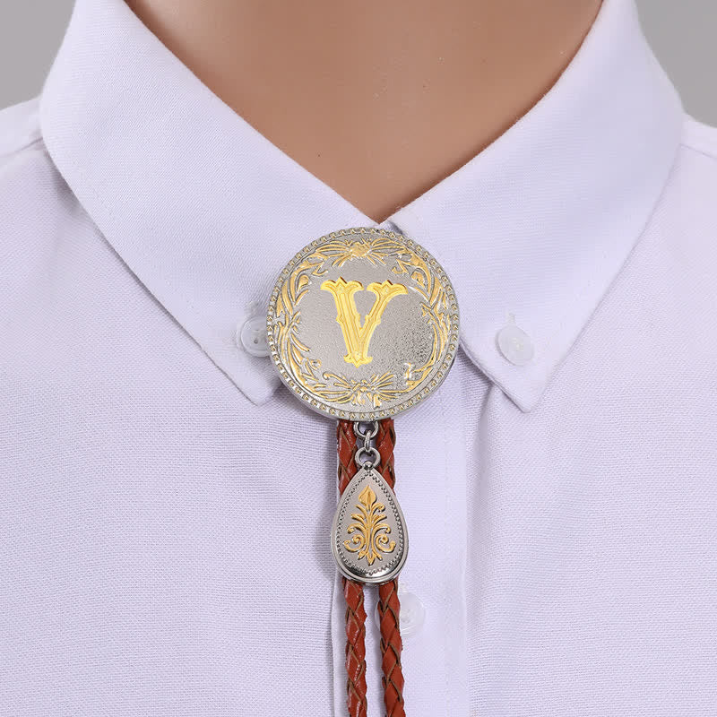Initial Letter Brown Leather Bolo Tie With Teardrop-Shaped Pendant