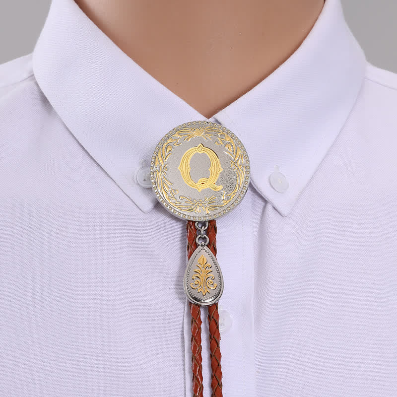 Initial Letter Brown Leather Bolo Tie With Teardrop-Shaped Pendant