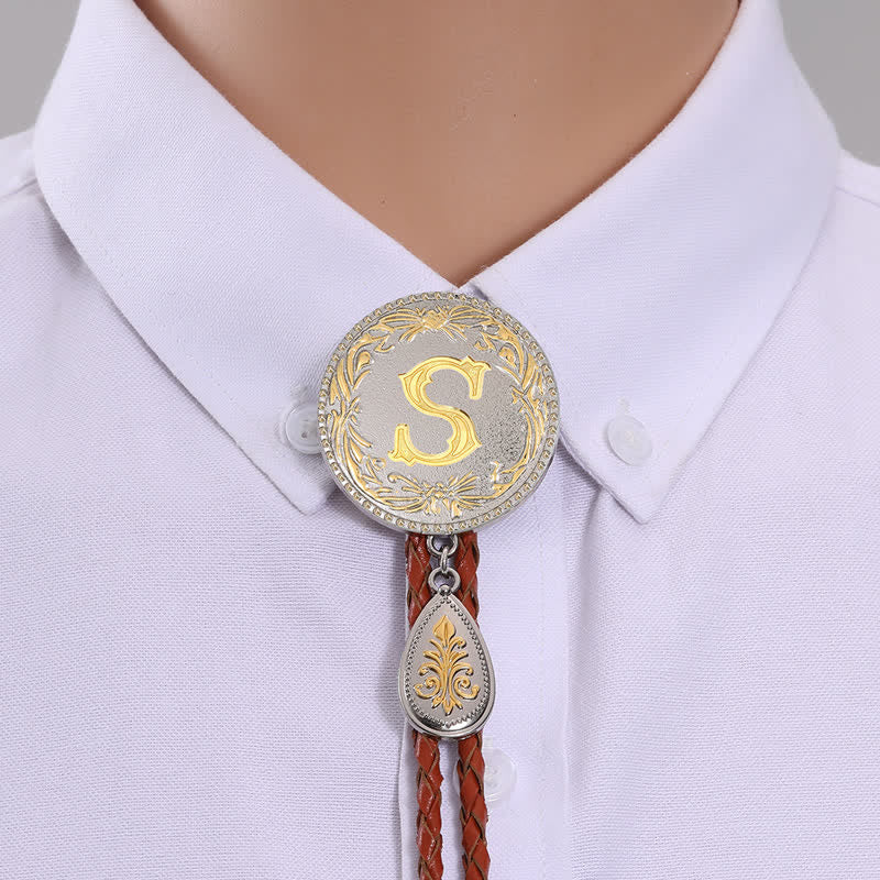 Initial Letter Brown Leather Bolo Tie With Teardrop-Shaped Pendant
