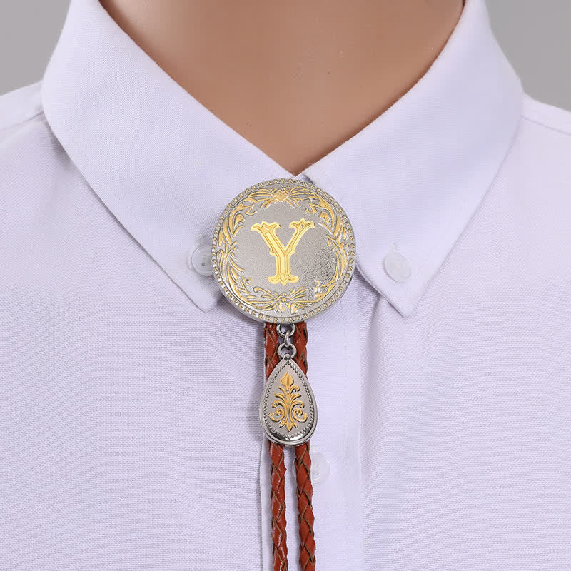 Initial Letter Brown Leather Bolo Tie With Teardrop-Shaped Pendant