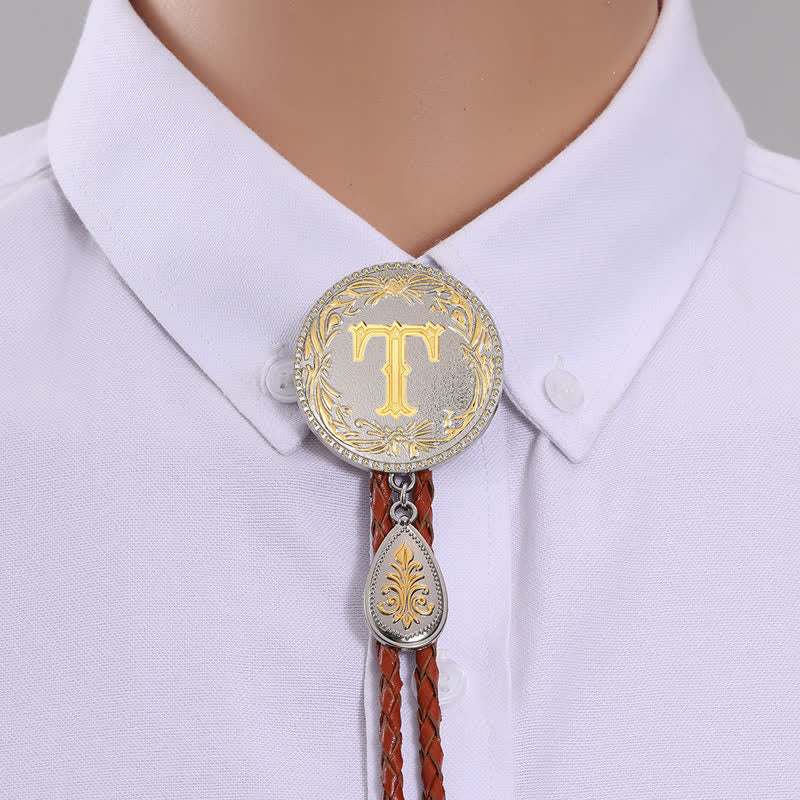 Initial Letter Brown Leather Bolo Tie With Teardrop-Shaped Pendant