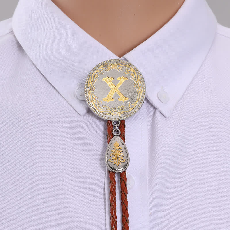 Initial Letter Brown Leather Bolo Tie With Teardrop-Shaped Pendant