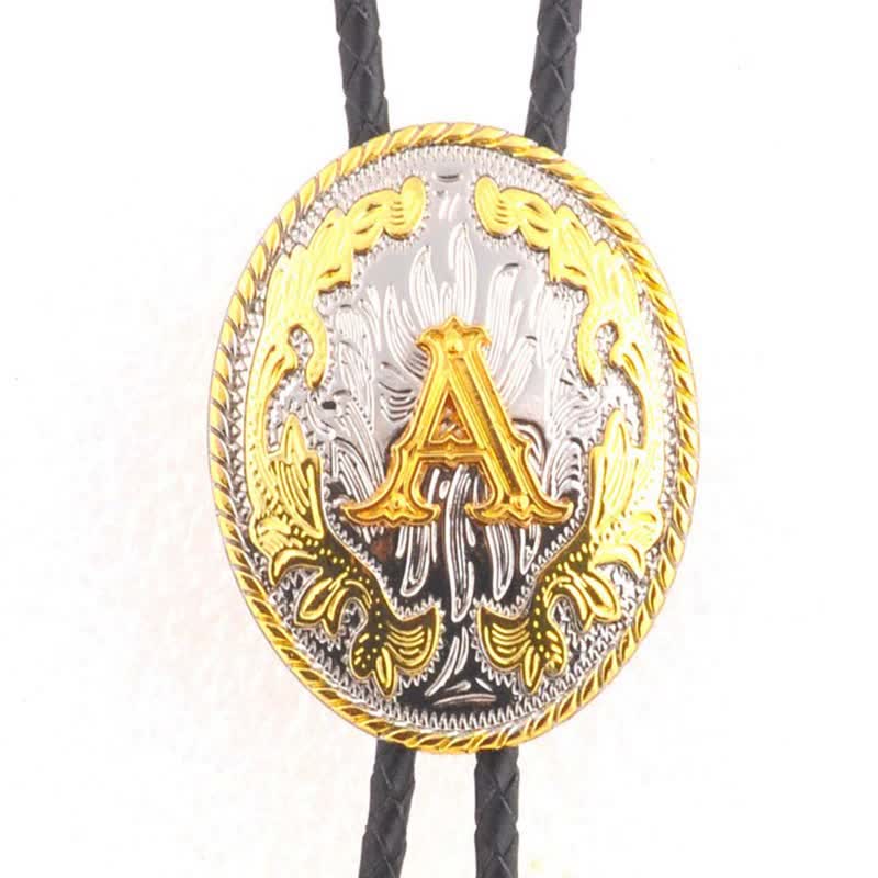 Gold & Silver Two-Tone Oval Initial Letter Leather Bolo Tie