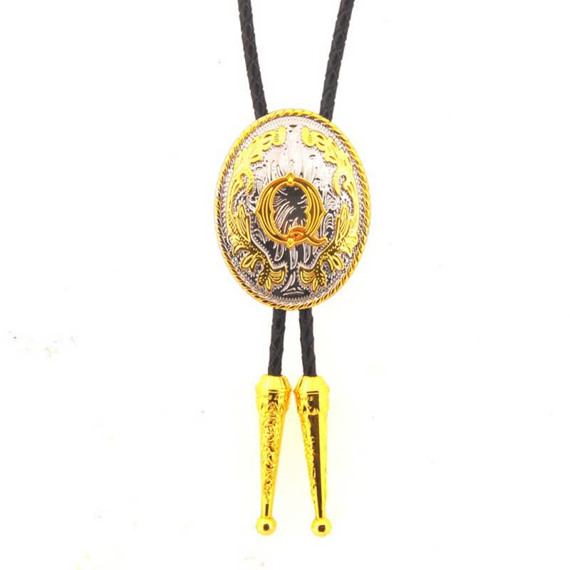Gold & Silver Two-Tone Oval Initial Letter Leather Bolo Tie