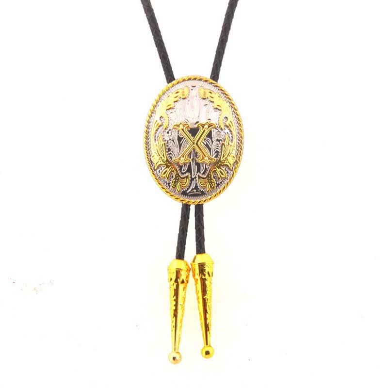 Gold & Silver Two-Tone Oval Initial Letter Leather Bolo Tie