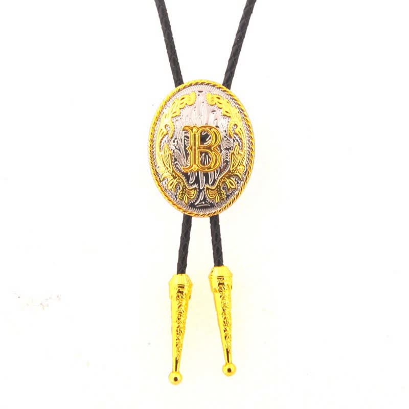 Gold & Silver Two-Tone Oval Initial Letter Leather Bolo Tie