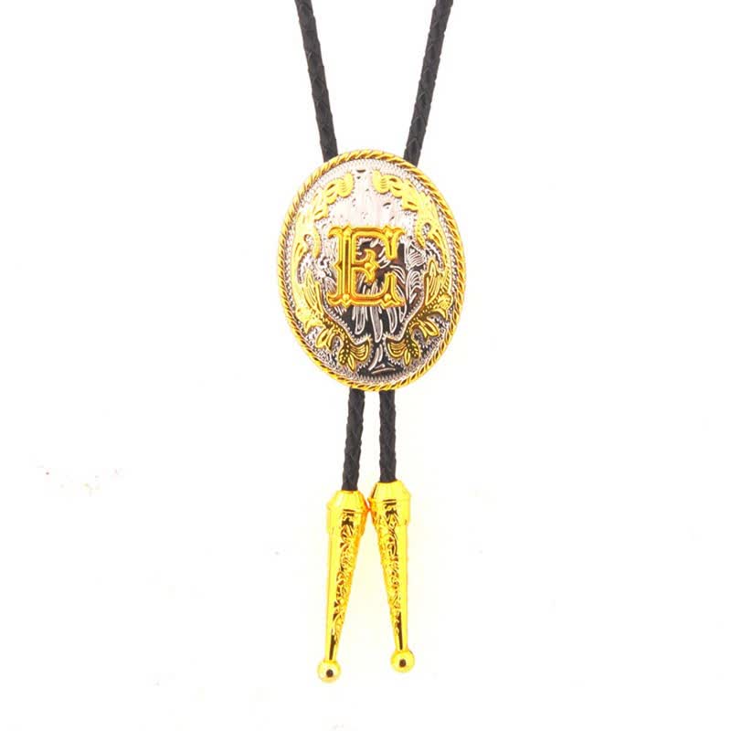 Gold & Silver Two-Tone Oval Initial Letter Leather Bolo Tie