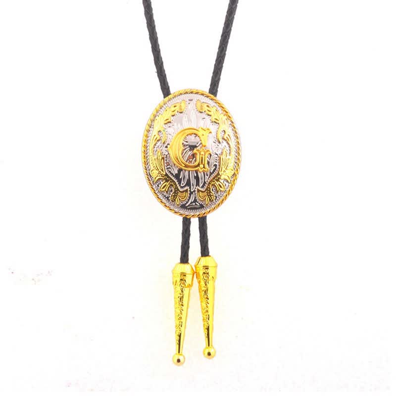 Gold & Silver Two-Tone Oval Initial Letter Leather Bolo Tie