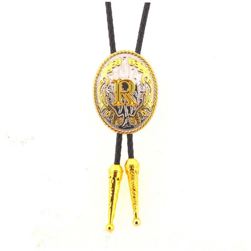 Gold & Silver Two-Tone Oval Initial Letter Leather Bolo Tie