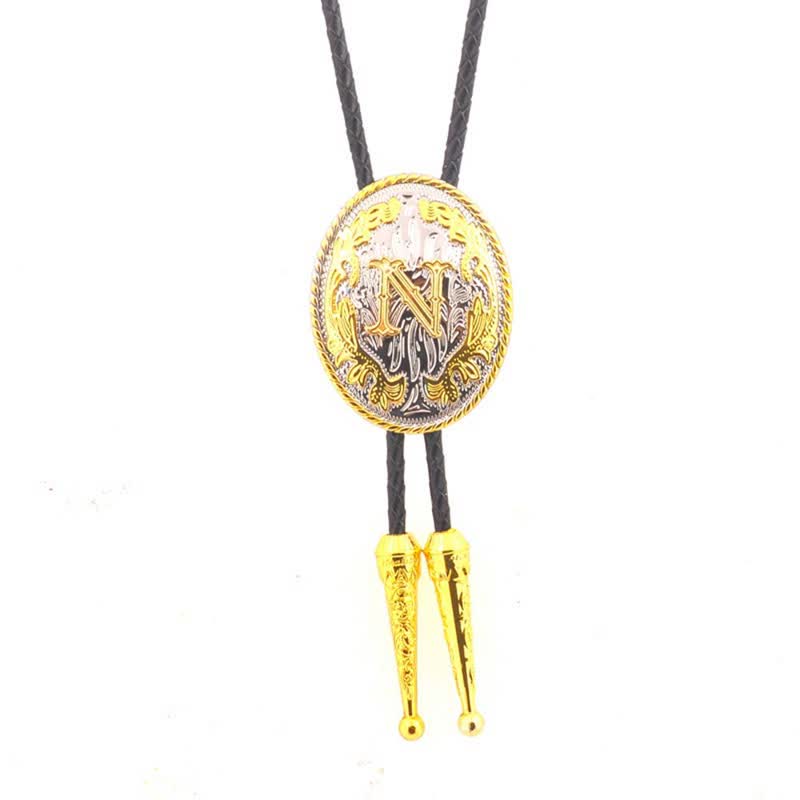 Gold & Silver Two-Tone Oval Initial Letter Leather Bolo Tie