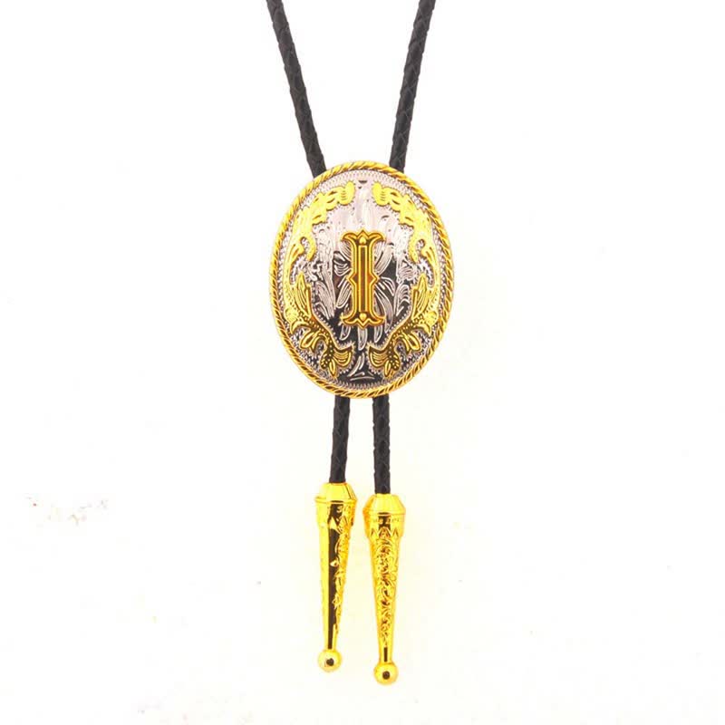 Gold & Silver Two-Tone Oval Initial Letter Leather Bolo Tie