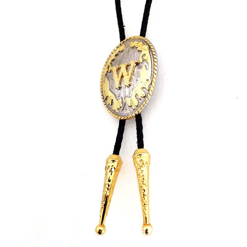Gold & Silver Two-Tone Oval Initial Letter Leather Bolo Tie