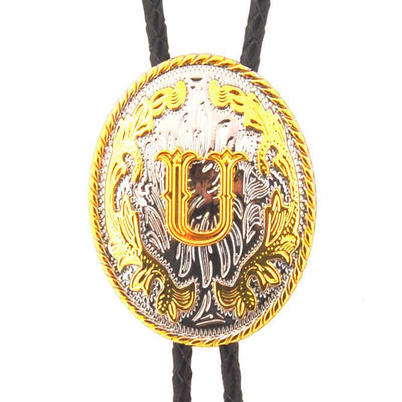 Gold & Silver Two-Tone Oval Initial Letter Leather Bolo Tie