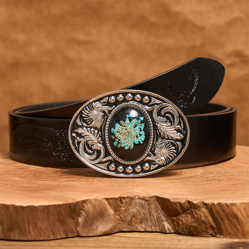Silver Black Carved Turquoise & Flowers DIY Buckle Leather Belt