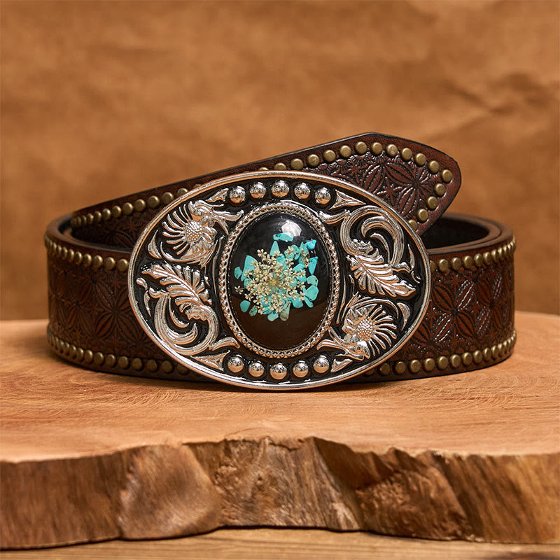Silver Black Carved Turquoise & Flowers DIY Buckle Leather Belt