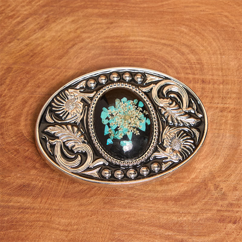 Silver Black Carved Turquoise & Flowers DIY Buckle Leather Belt