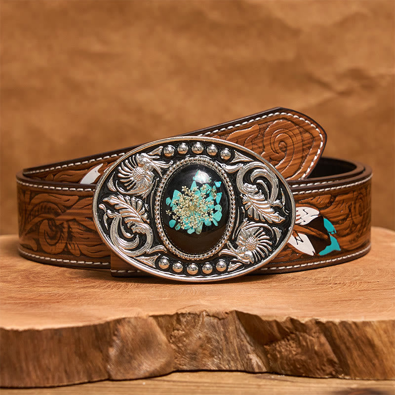 Silver Black Carved Turquoise & Flowers DIY Buckle Leather Belt