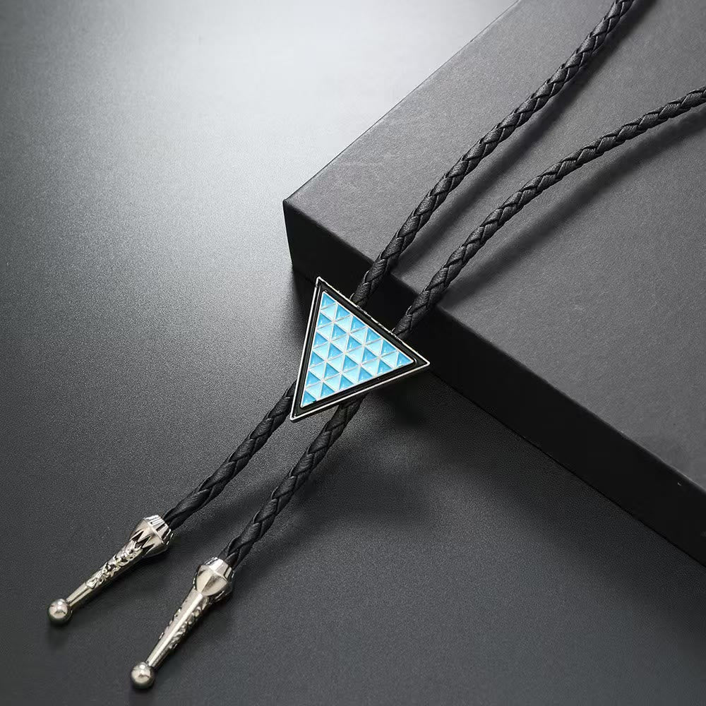 Geometric Triangle Pattern Metal Braided Leather Bolo Tie