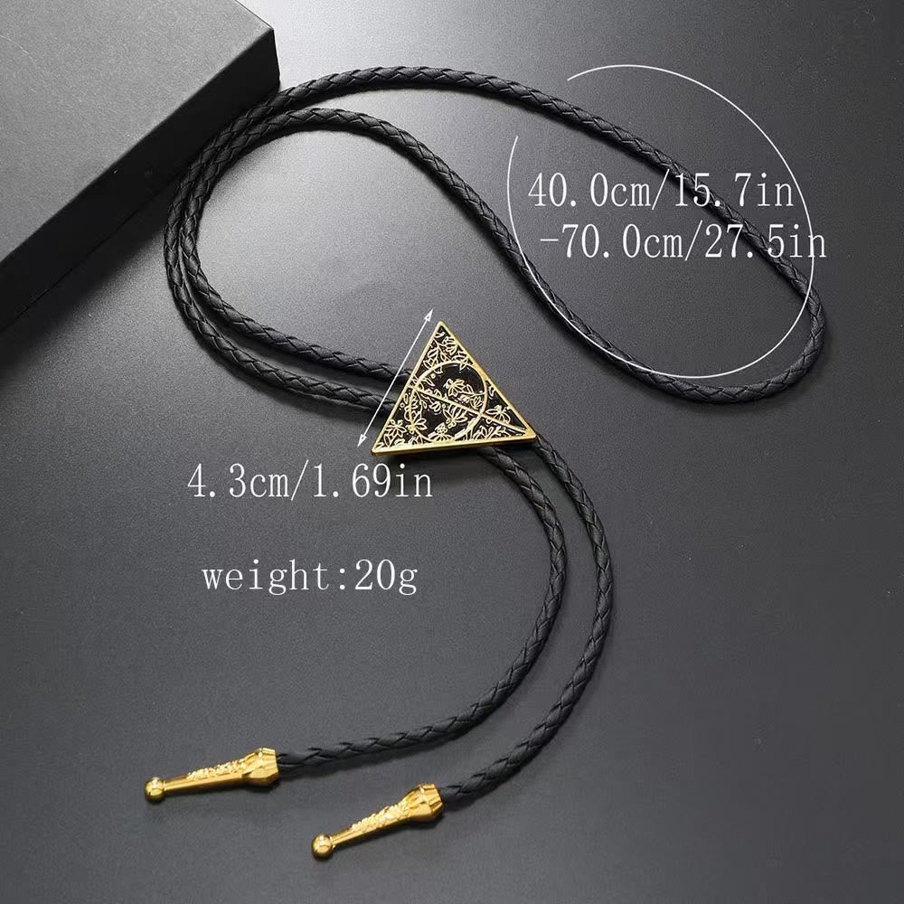 Geometric Triangle Pattern Metal Braided Leather Bolo Tie