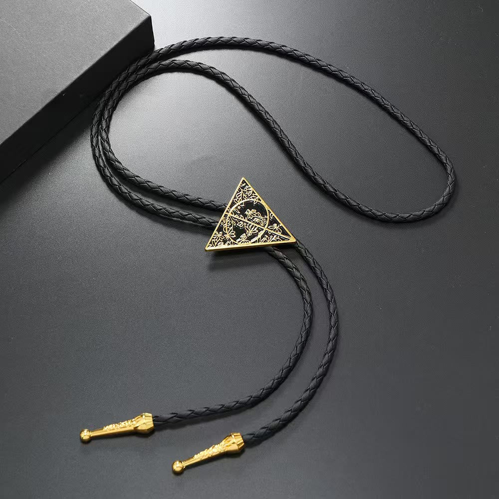 Geometric Triangle Pattern Metal Braided Leather Bolo Tie