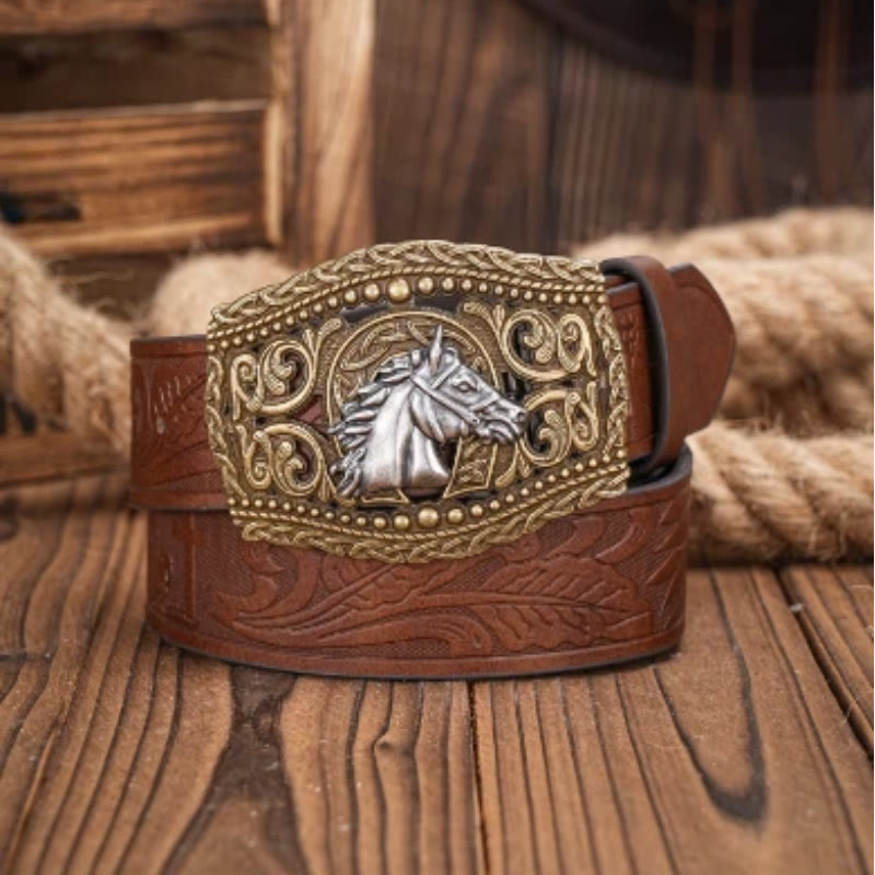 Men's Silver Horse Head Hollow Buckle Carved Belt