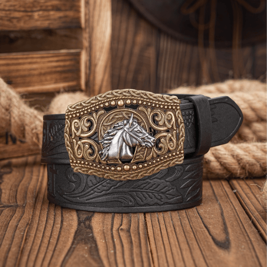 Men's Silver Horse Head Hollow Buckle Carved Belt