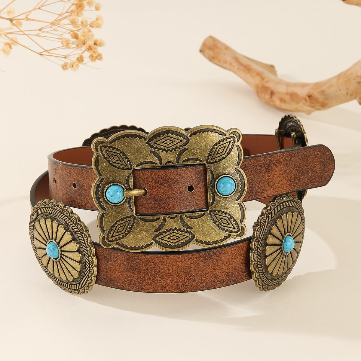 Women's Square Bronze Buckle Round Patterned Turquoise Belt