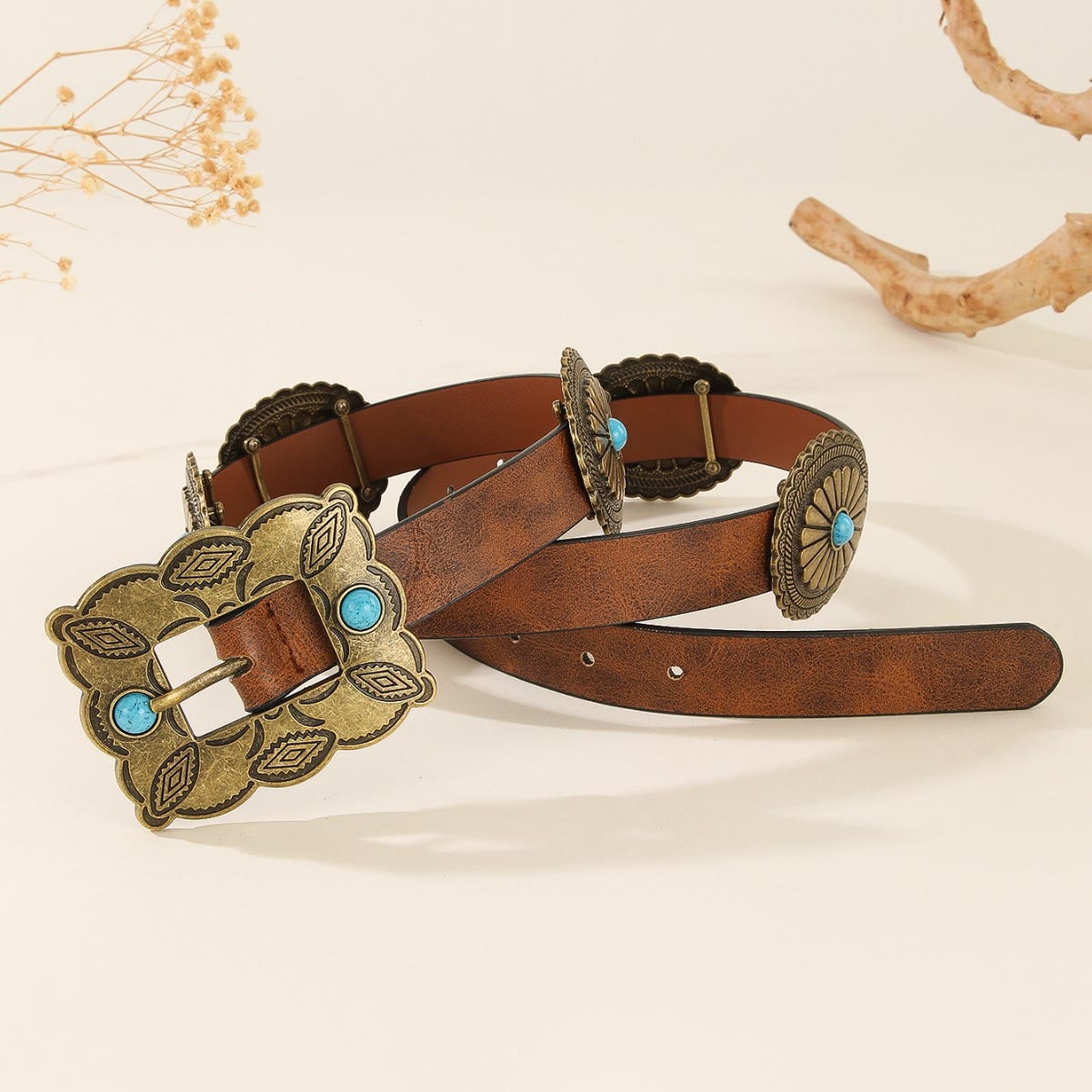 Women's Square Bronze Buckle Round Patterned Turquoise Belt