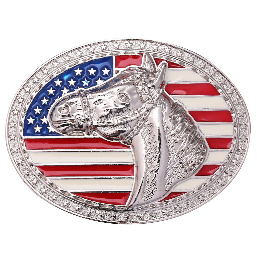 Men's Silver Horsehead Flag Buckle Black Embossed Belt