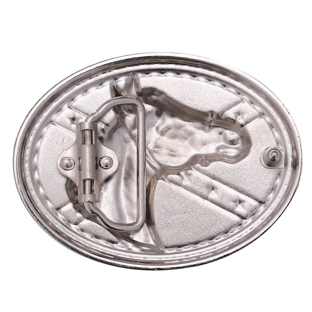 Men's Silver Horsehead Flag Buckle Black Embossed Belt