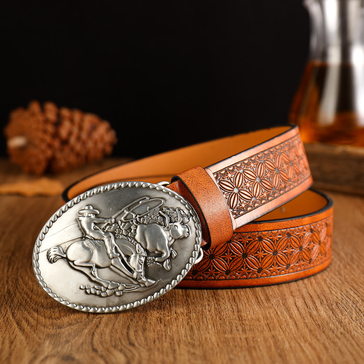 Men's Western Horse Riding Buckle Brown Leather Belt