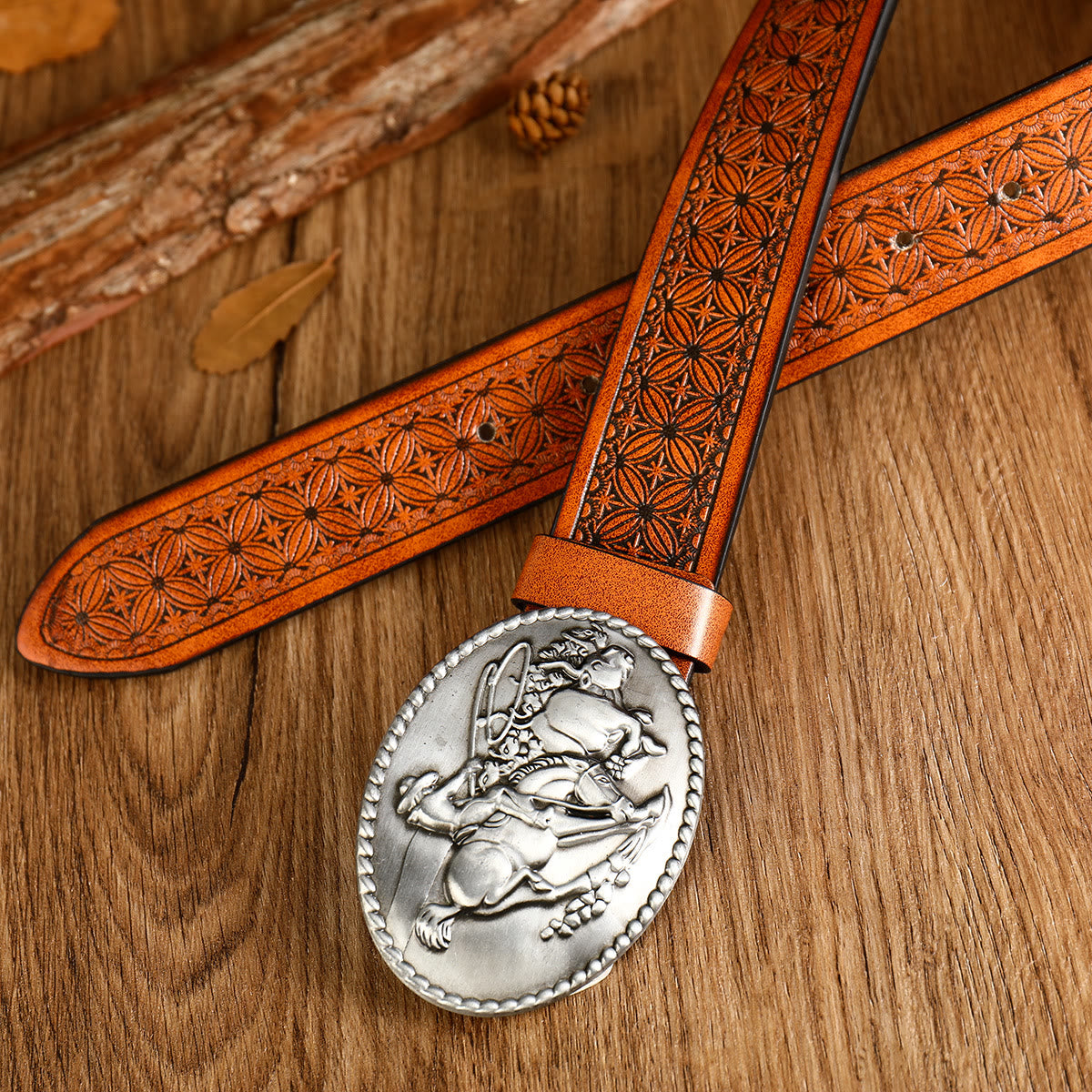 Men's Western Horse Riding Buckle Brown Leather Belt