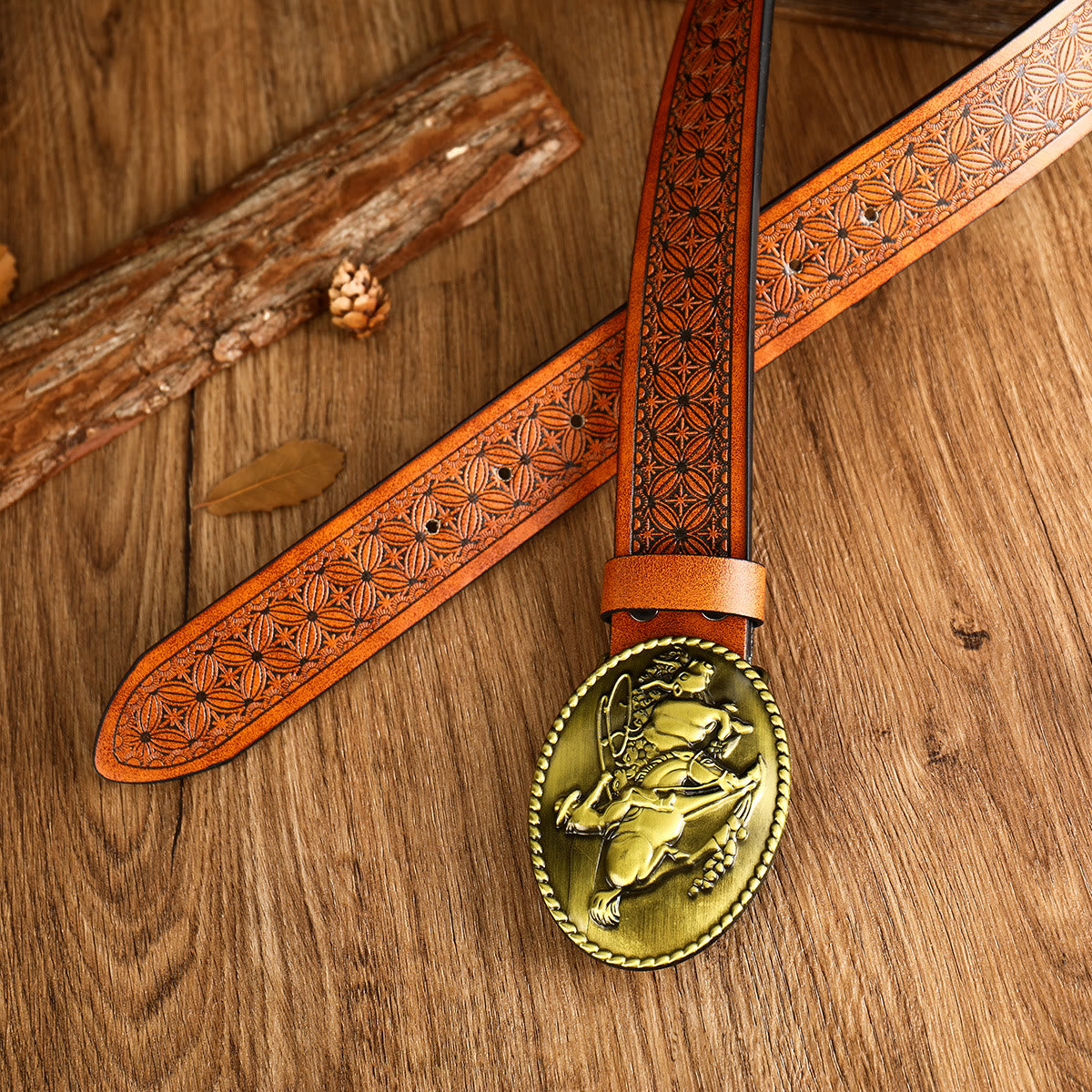 Men's Western Horse Riding Buckle Brown Leather Belt