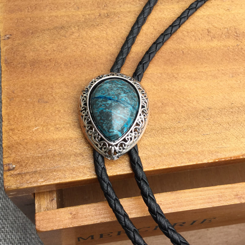 Teardrop Turquoise Vintage Carved Metal Bolo Ties