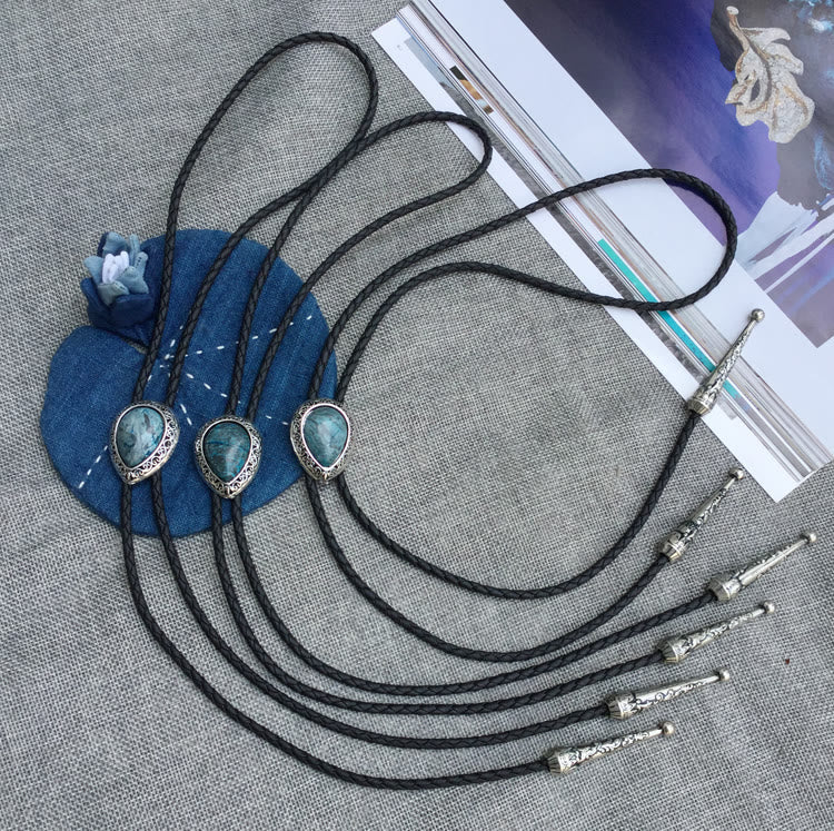 Teardrop Turquoise Vintage Carved Metal Bolo Ties