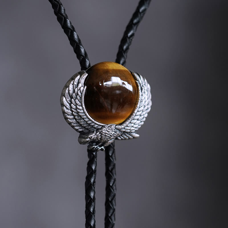 Wing-Accented Tiger Eye Stone Vintage Metal Bolo Ties