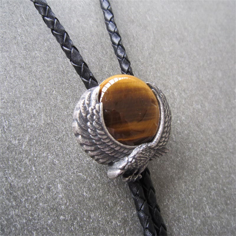 Wing-Accented Tiger Eye Stone Vintage Metal Bolo Ties
