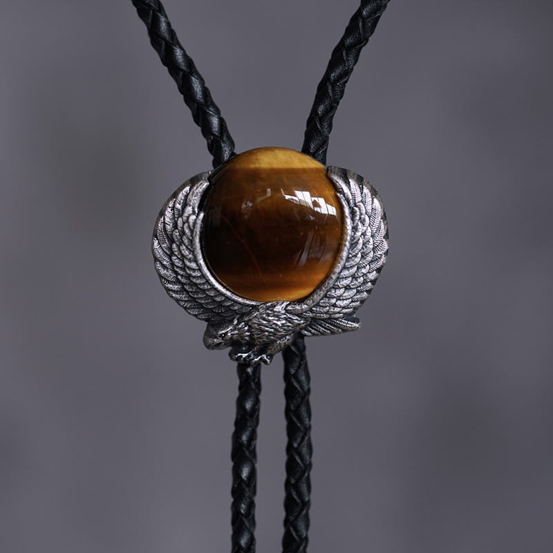 Wing-Accented Tiger Eye Stone Vintage Metal Bolo Ties