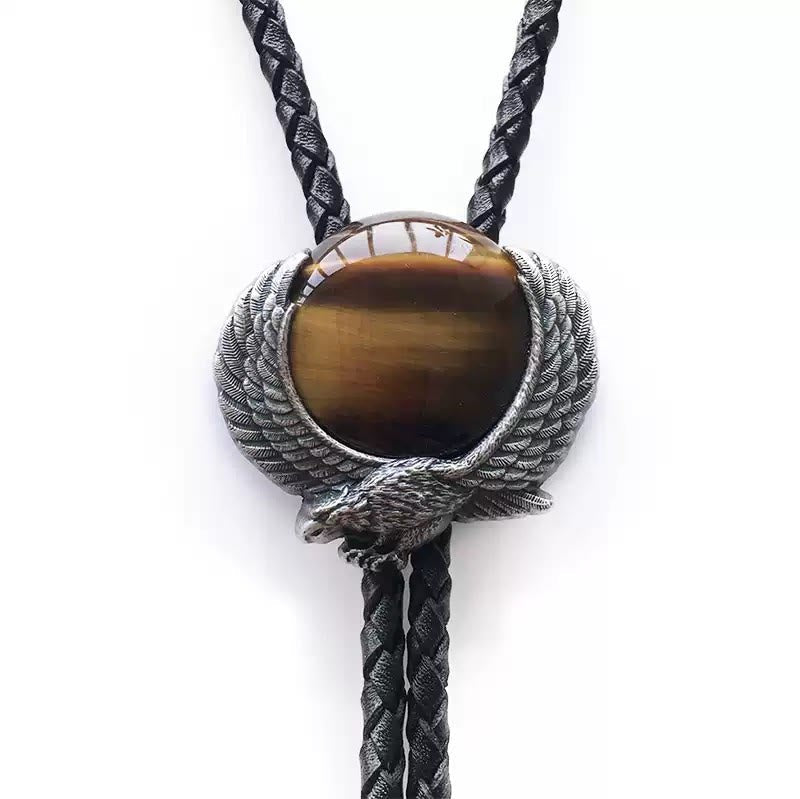Wing-Accented Tiger Eye Stone Vintage Metal Bolo Ties