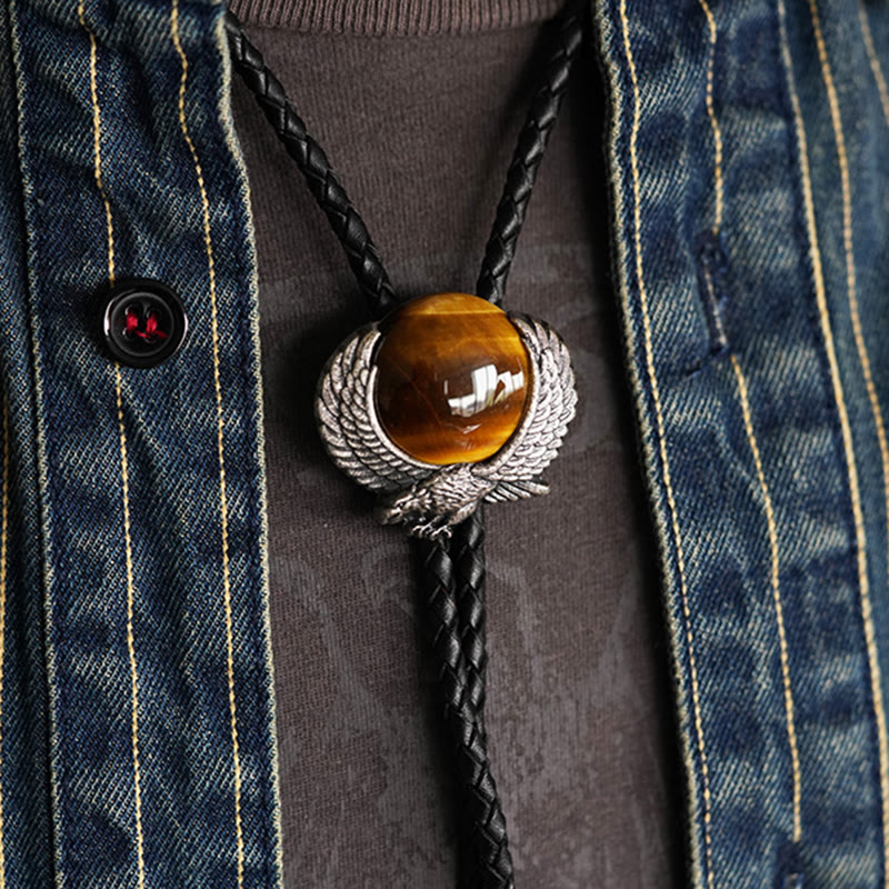 Wing-Accented Tiger Eye Stone Vintage Metal Bolo Ties