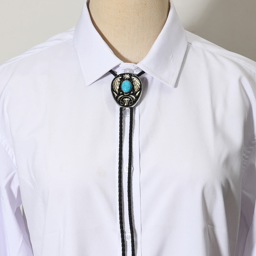 Oval Turquoise Black-and-white Carved Metal Bolo Ties